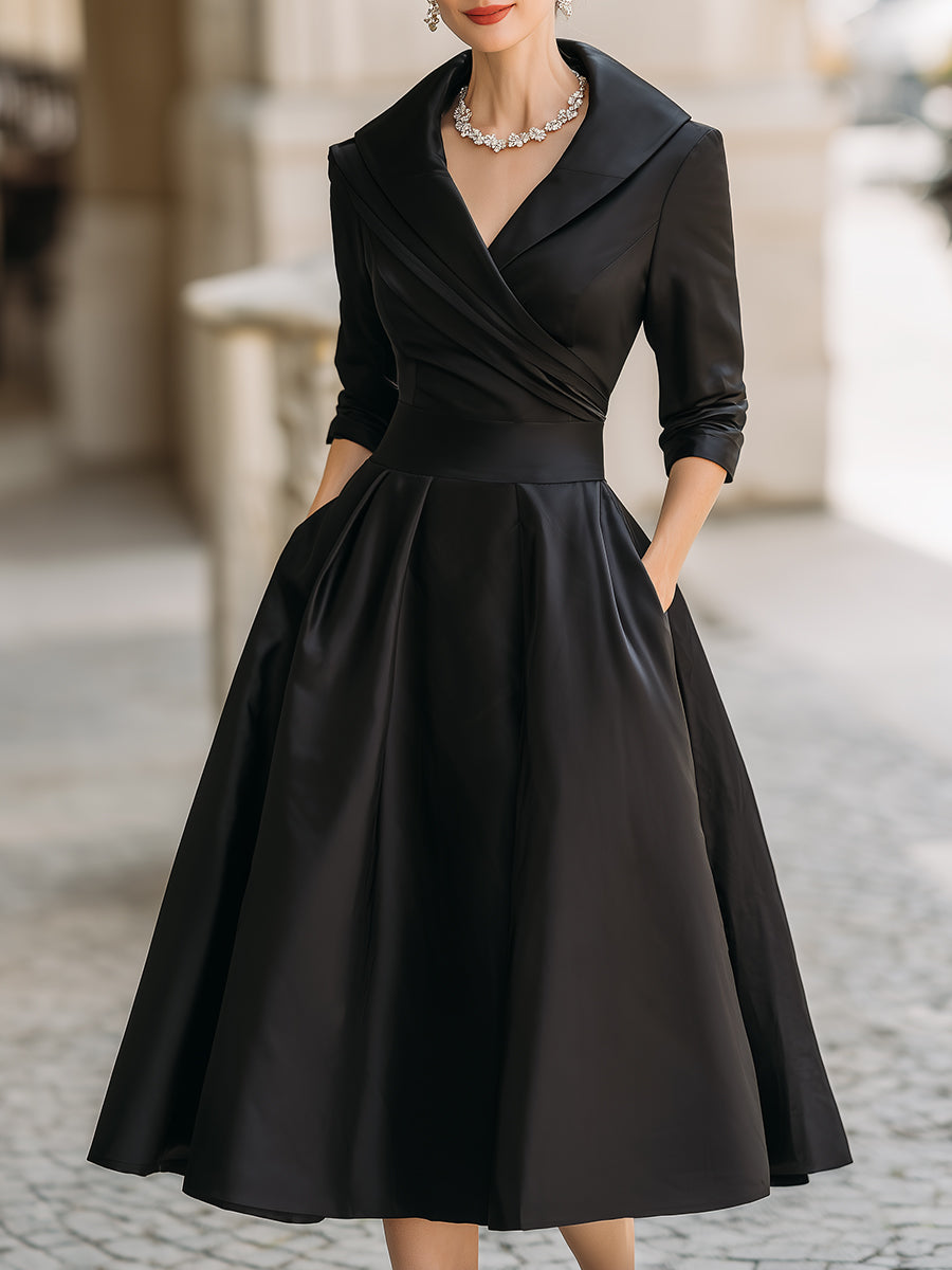 Women's Wrap Midi Dress with Pleated A-Line Skirt, Black, view 1