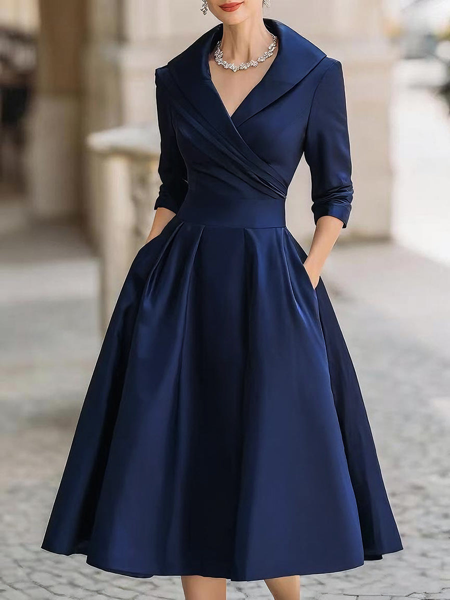 Women's Wrap Midi Dress with Pleated A-Line Skirt, Navy Blue, view 3