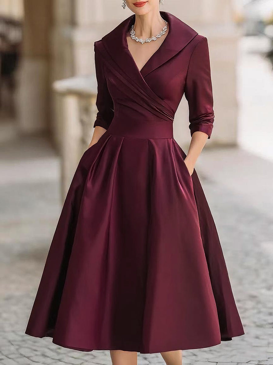 Women's Wrap Midi Dress with Pleated A-Line Skirt, Red, view 4