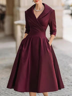 Women's Wrap Midi Dress with Pleated A-Line Skirt, Red, view 4