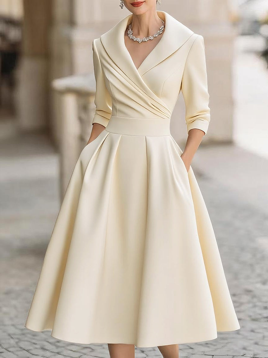 Women's Wrap Midi Dress with Pleated A-Line Skirt, Beige, view 5