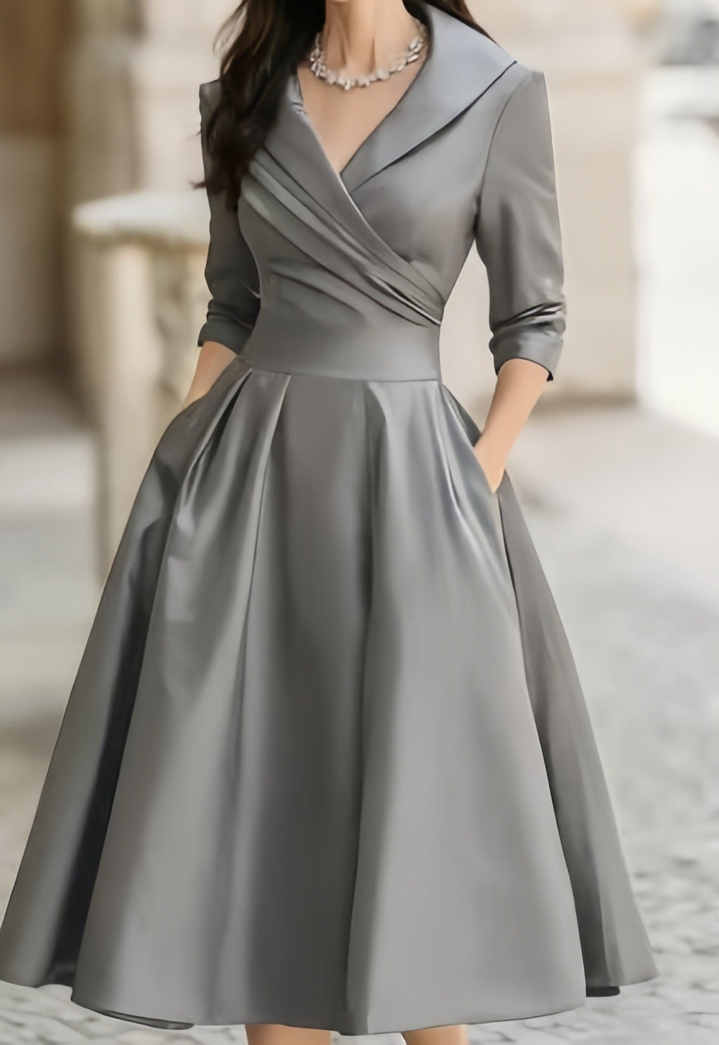 Women's Wrap Midi Dress with Pleated A-Line Skirt, Grey, view 7