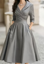 Women's Wrap Midi Dress with Pleated A-Line Skirt, Grey, view 7
