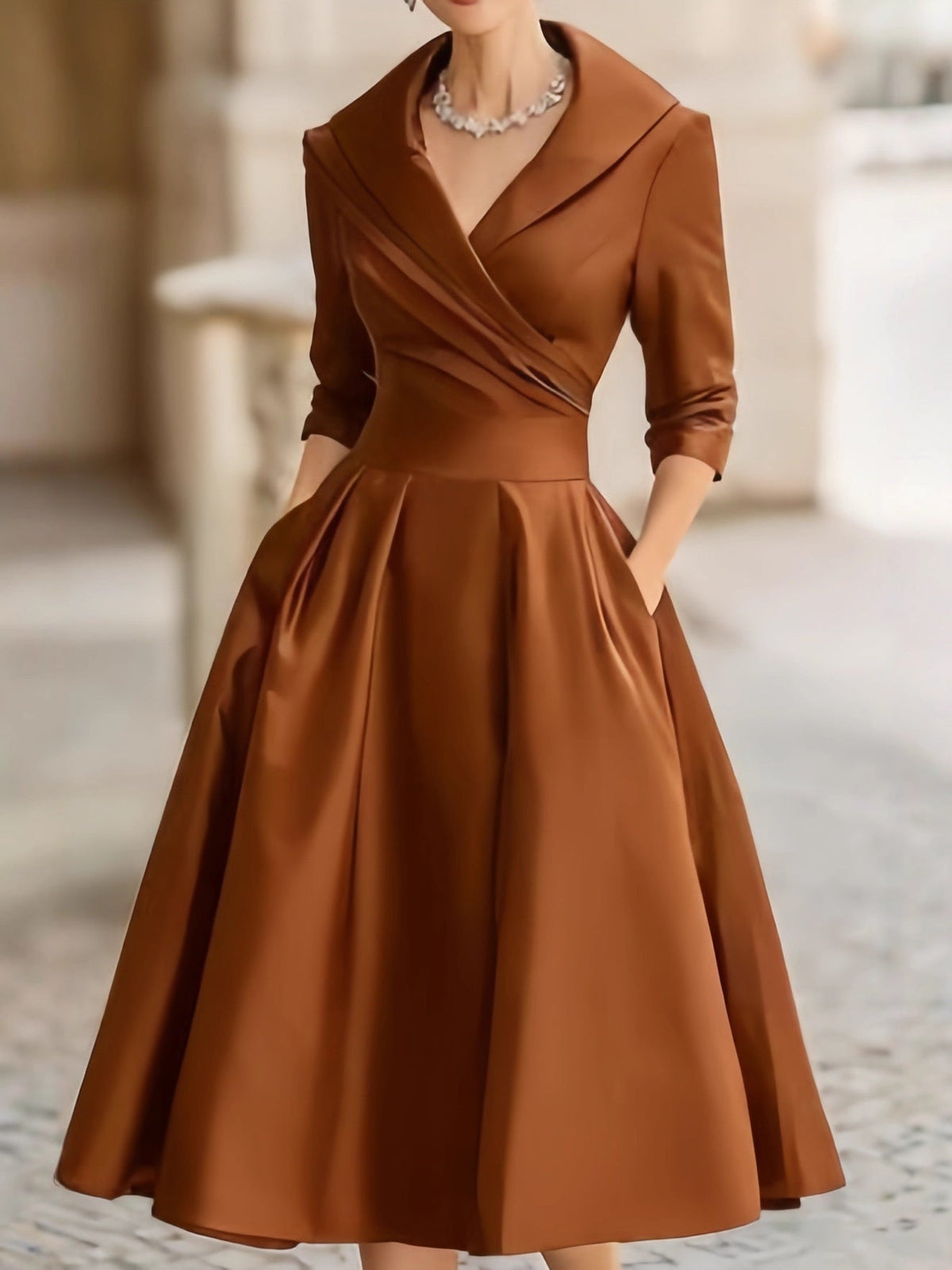 Women's Wrap Midi Dress with Pleated A-Line Skirt, Orange, view 8