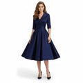 Women's Wrap Midi Dress with Pleated Full A-Line Skirt, Navy Blue, view 1
