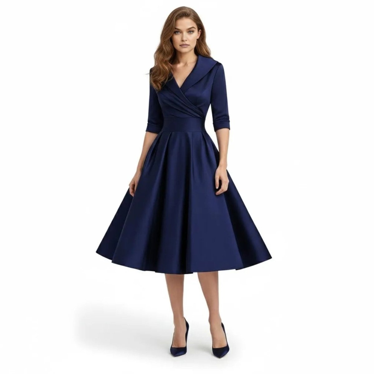Women's Wrap Midi Dress with Pleated Full A-Line Skirt, Navy Blue, view 1