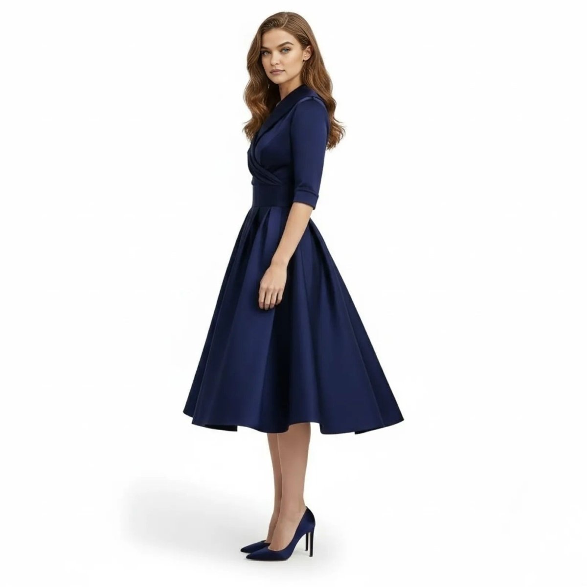 Women's Wrap Midi Dress with Pleated Full A-Line Skirt, view 2