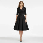 Women's Wrap Midi Dress with Pleated Full A-Line Skirt, Black, view 4