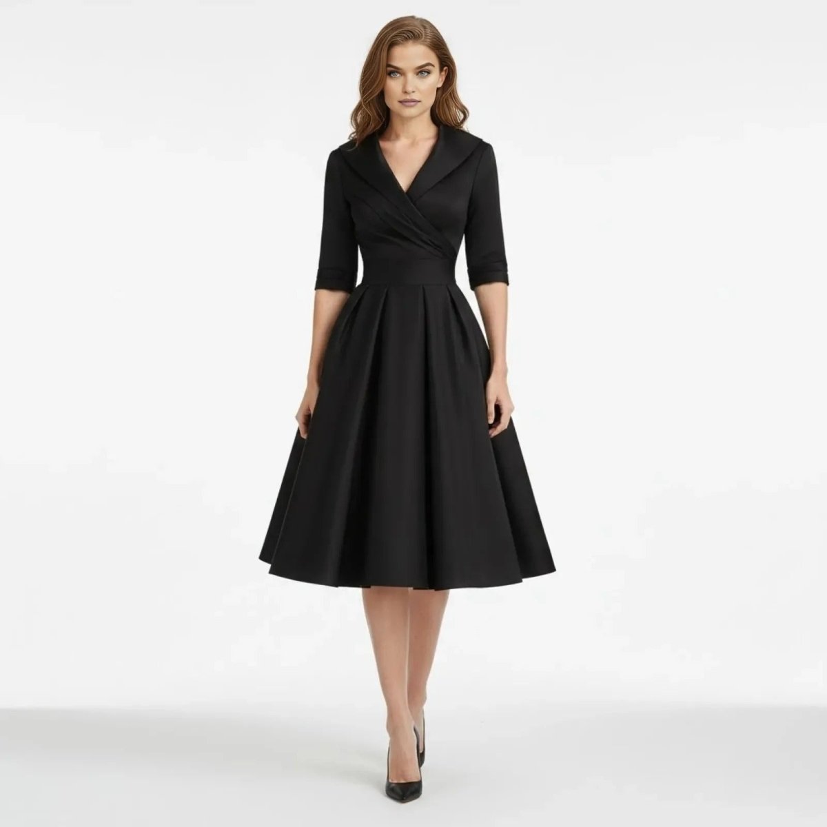 Women's Wrap Midi Dress with Pleated Full A-Line Skirt, Black, view 4