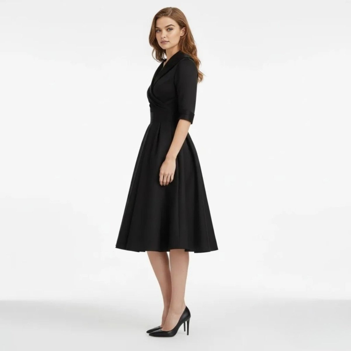 Women's Wrap Midi Dress with Pleated Full A-Line Skirt, view 5