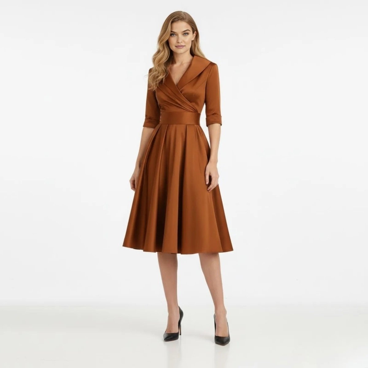 Women's Wrap Midi Dress with Pleated Full A-Line Skirt, Brown, view 7