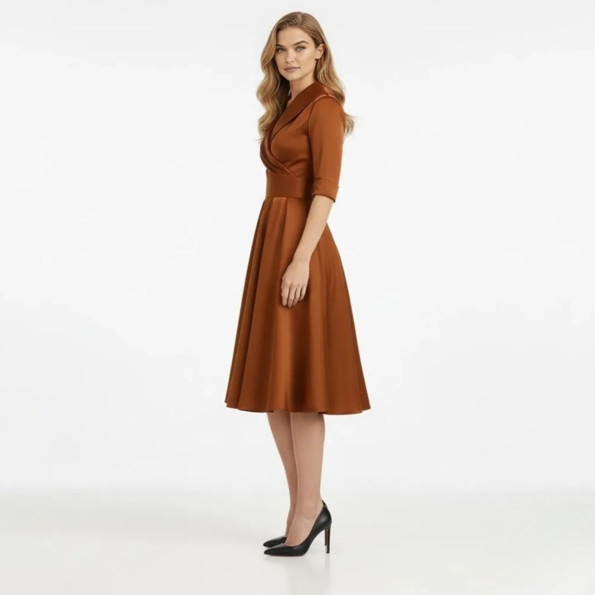 Women's Wrap Midi Dress with Pleated Full A-Line Skirt, view 8