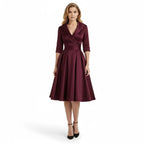 Women's Wrap Midi Dress with Pleated Full A-Line Skirt, Burgundy, view 10