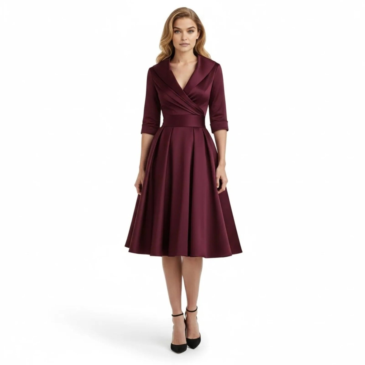 Women's Wrap Midi Dress with Pleated Full A-Line Skirt, Burgundy, view 10