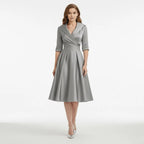 Women's Wrap Midi Dress with Pleated Full A-Line Skirt, Grey, view 13