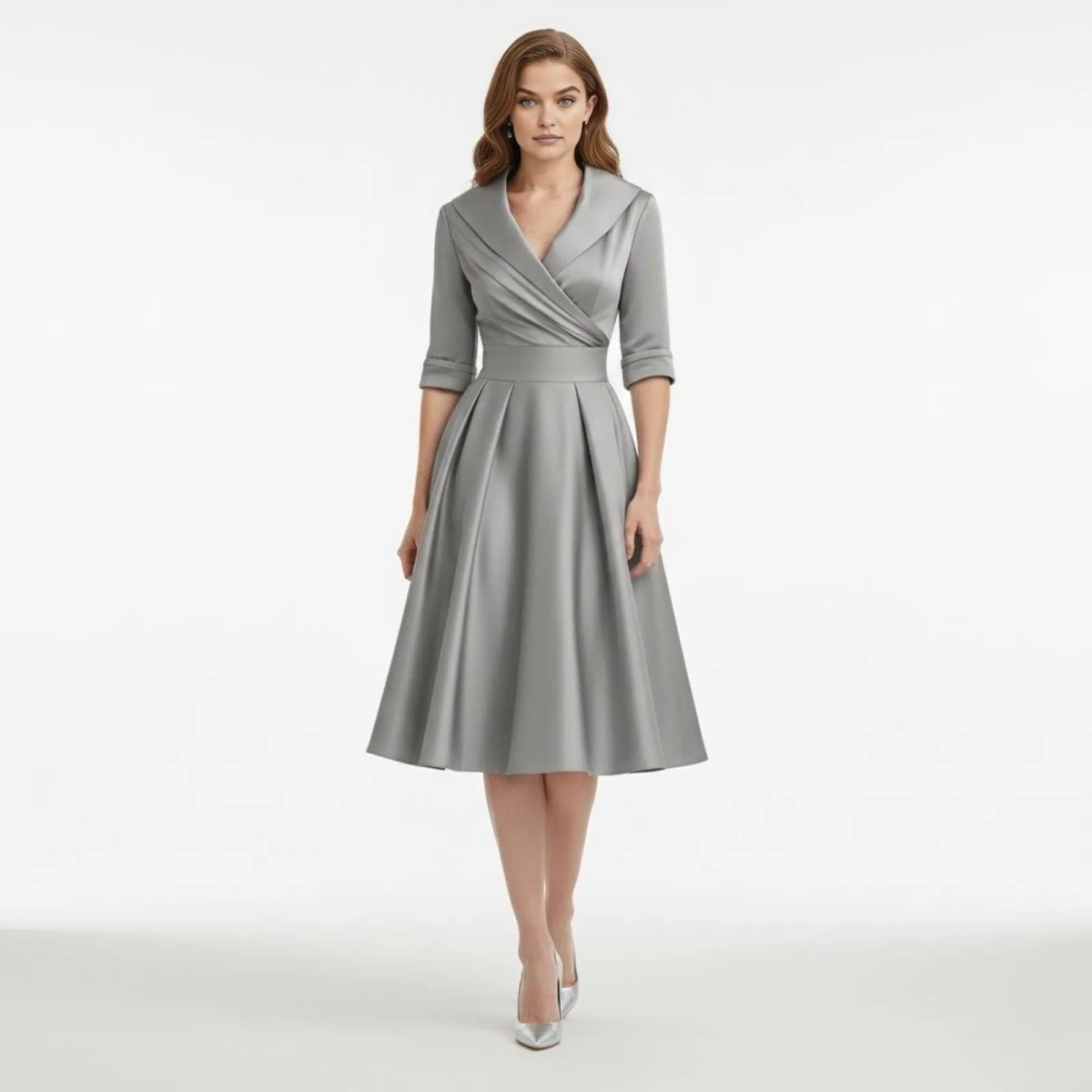 Women's Wrap Midi Dress with Pleated Full A-Line Skirt, Grey, view 13