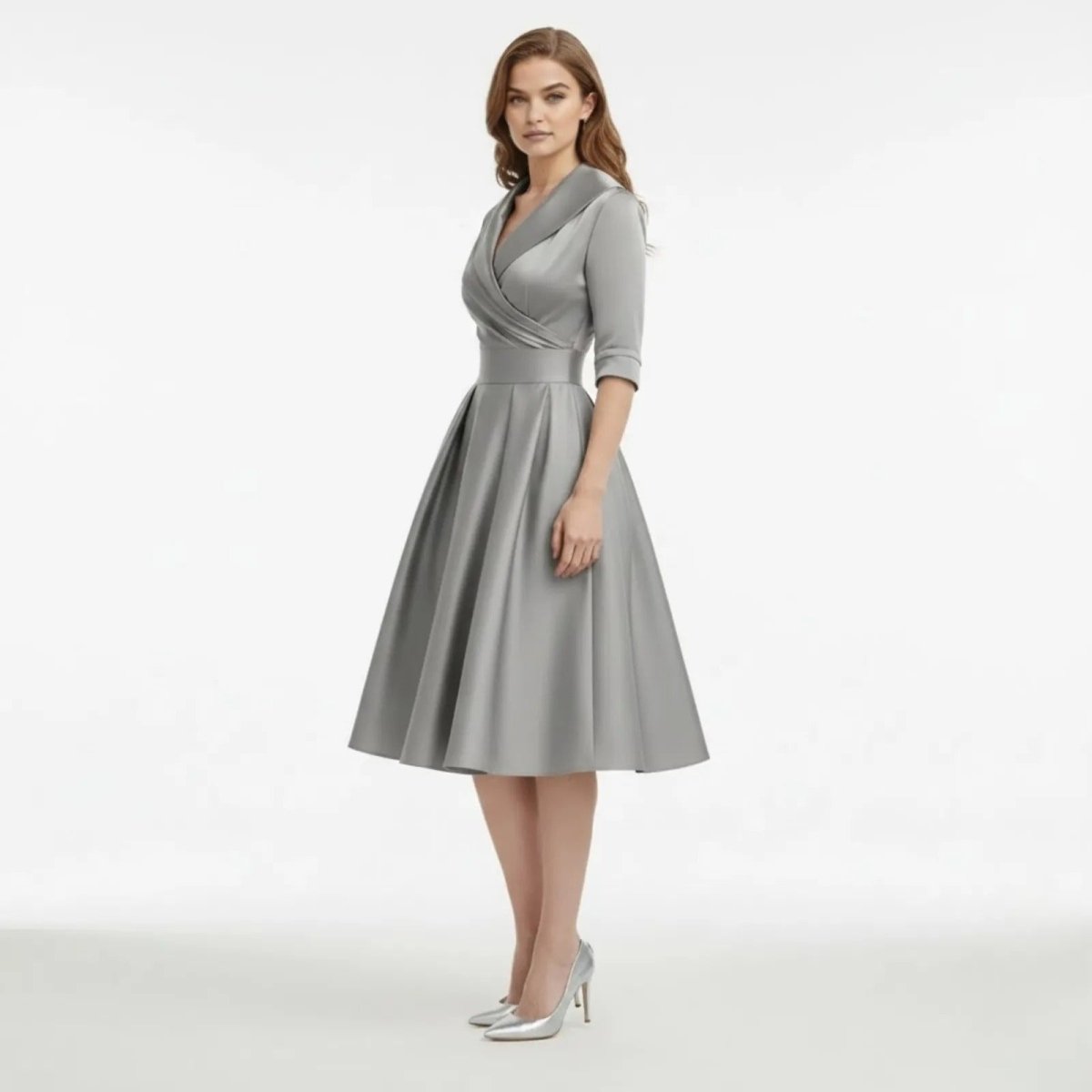 Women's Wrap Midi Dress with Pleated Full A-Line Skirt, view 14