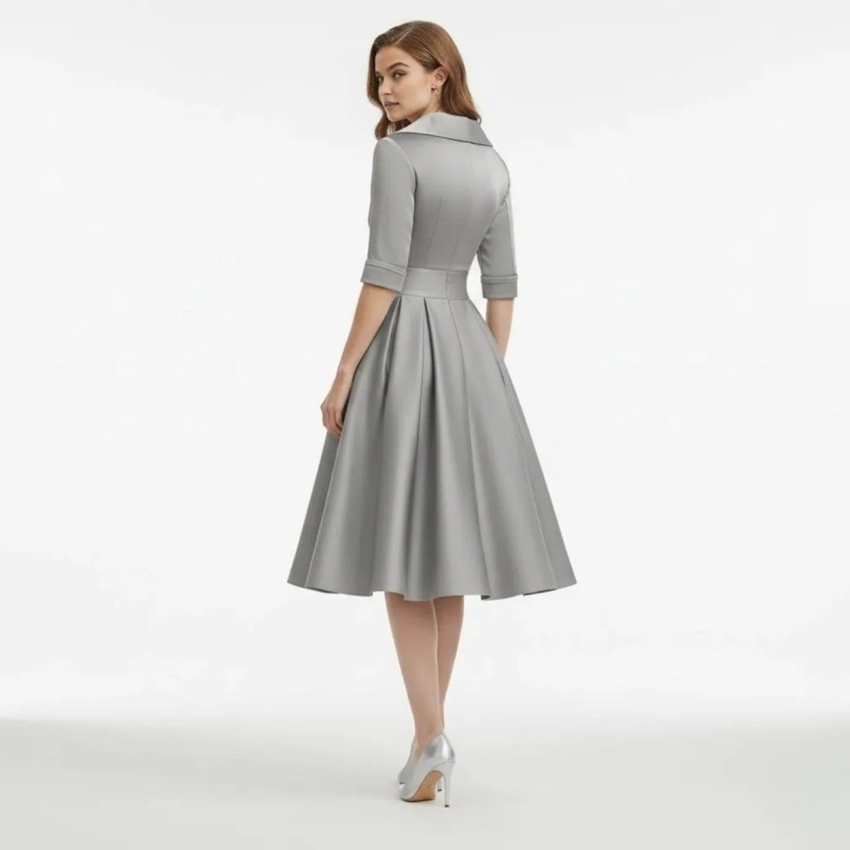 Women's Wrap Midi Dress with Pleated Full A-Line Skirt, view 15