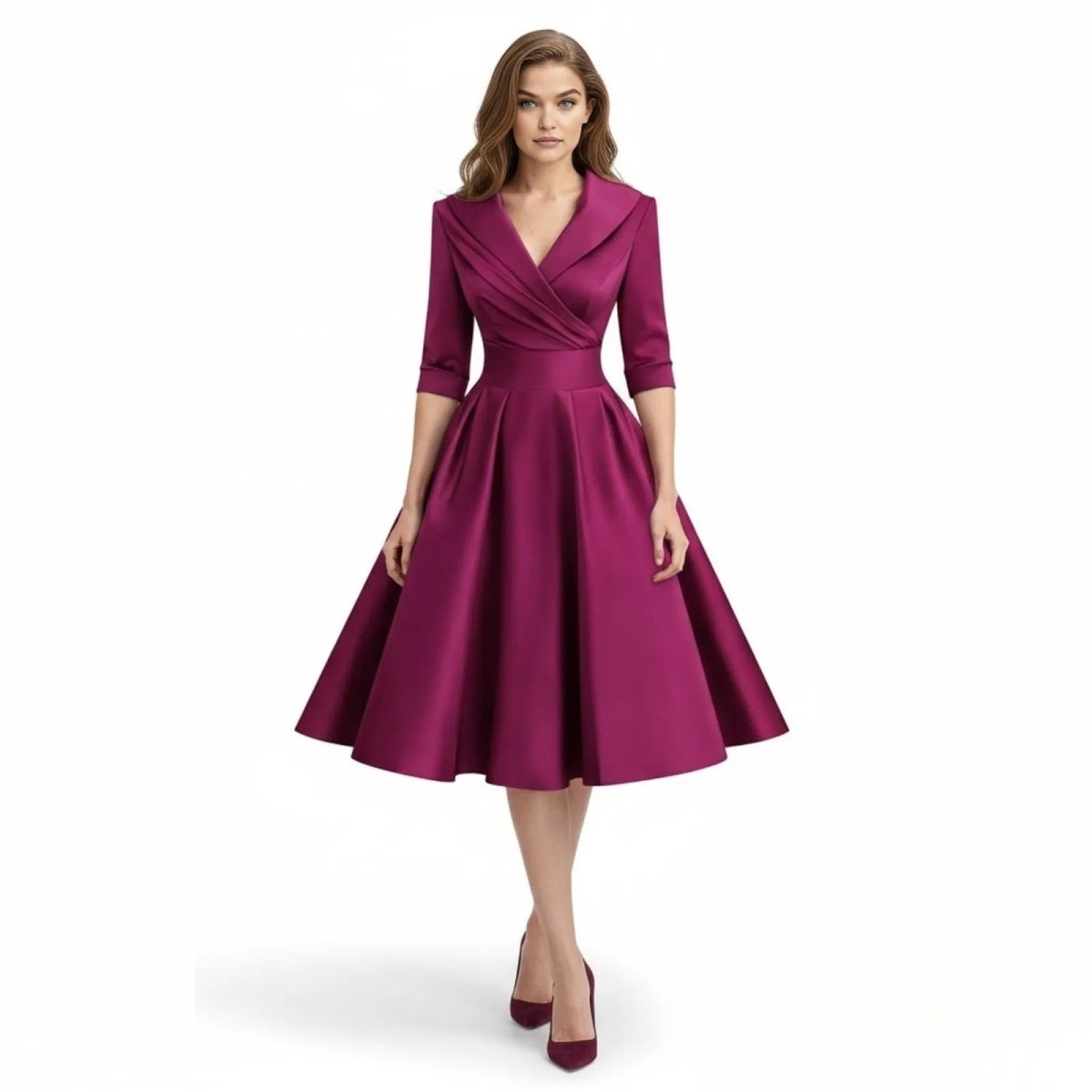 Women's Wrap Midi Dress with Pleated Full A-Line Skirt, Magenta, view 16