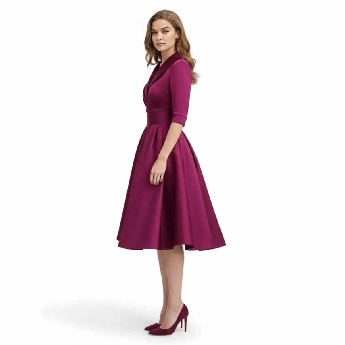 Women's Wrap Midi Dress with Pleated Full A-Line Skirt, view 17