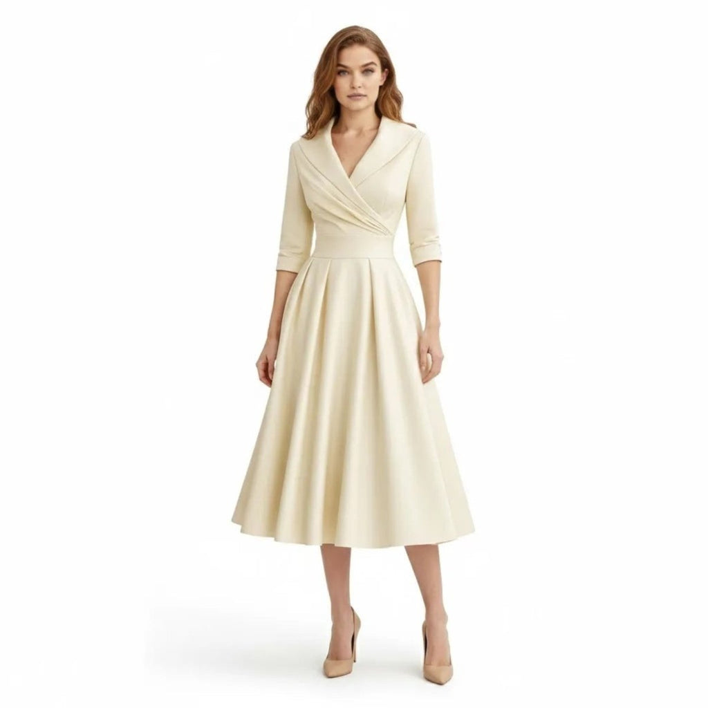 Women's Wrap Midi Dress with Pleated Full A-Line Skirt, Cream, view 19