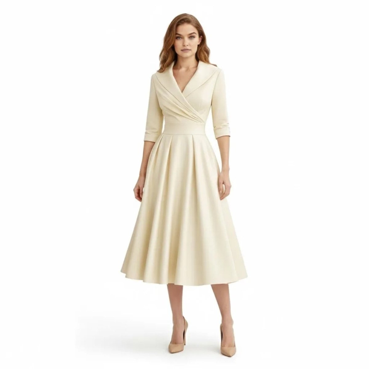 Women's Wrap Midi Dress with Pleated Full A-Line Skirt, Cream, view 19
