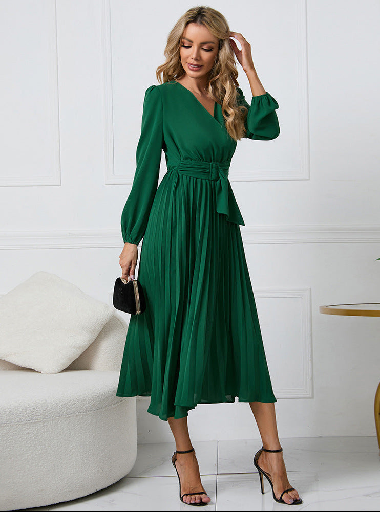 Women's Wrap Midi Dress with Pleated Skirt and Balloon Sleeves, Green, view 1