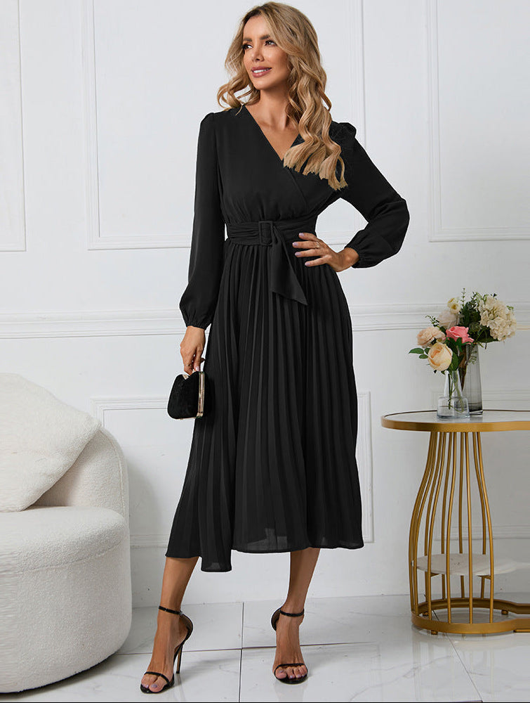 Women's Wrap Midi Dress with Pleated Skirt and Balloon Sleeves, Black, view 2