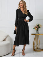 Women's Wrap Midi Dress with Pleated Skirt and Balloon Sleeves, Black, view 2