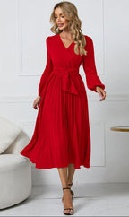 Women's Wrap Midi Dress with Pleated Skirt and Balloon Sleeves, Red, view 3