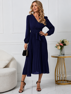Women's Wrap Midi Dress with Pleated Skirt and Balloon Sleeves, Navy Blue, view 5