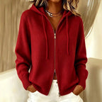 Women's Zip-Up Hooded Knit Cardigan with Drawstring, Red, view 2