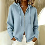 Women's Zip-Up Hooded Knit Cardigan with Drawstring, Light Blue, view 3