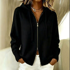Women's Zip-Up Hooded Knit Cardigan with Drawstring, Black, view 4